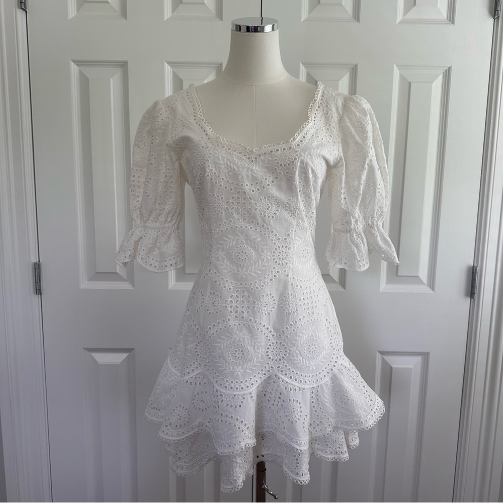 Jonathan Simkhai Meg Broderick Puff Sleeve White Ruffled Tiered Mini Dress Size8